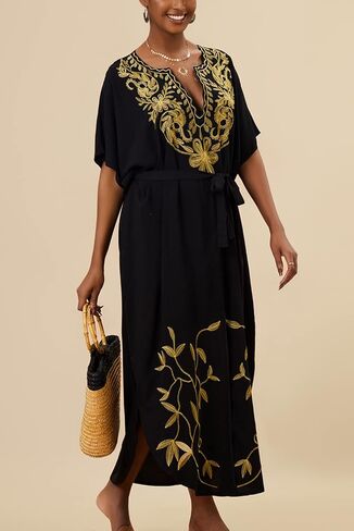 Embroidered Kaftan Dress Boho Beach Bikini Cover Up Robe Plus Size Loungewear for Women in Saudi Arabia