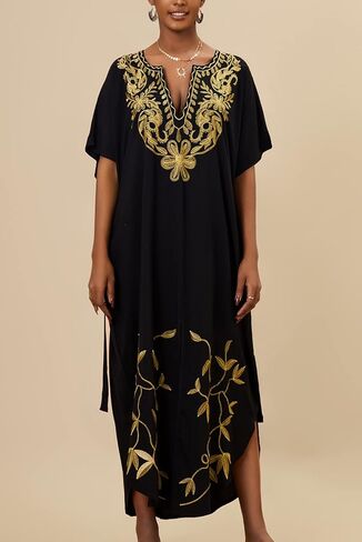 Embroidered Kaftan Dress Boho Beach Bikini Cover Up Robe Plus Size Loungewear for Women in Saudi Arabia