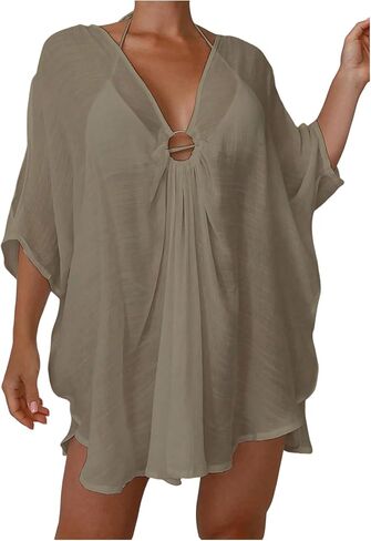 WDIRARA Women's Deep V Neck Flowy Cover Ups 3/4 Sleeve Beach Coverup Dress in Saudi Arabia