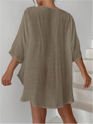 WDIRARA Women's Deep V Neck Flowy Cover Ups 3/4 Sleeve Beach Coverup Dress in Saudi Arabia