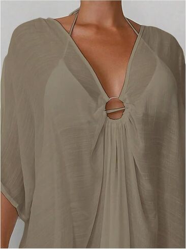 WDIRARA Women's Deep V Neck Flowy Cover Ups 3/4 Sleeve Beach Coverup Dress in Saudi Arabia