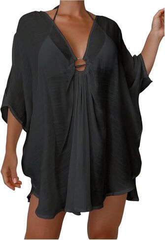 WDIRARA Women's Deep V Neck Flowy Cover Ups 3/4 Sleeve Beach Coverup Dress in Saudi Arabia