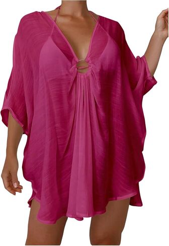 WDIRARA Women's Deep V Neck Flowy Cover Ups 3/4 Sleeve Beach Coverup Dress in Saudi Arabia