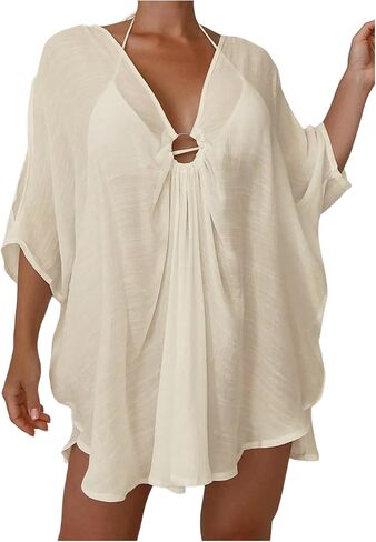 WDIRARA Women's Deep V Neck Flowy Cover Ups 3/4 Sleeve Beach Coverup Dress in Saudi Arabia