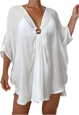 WDIRARA Women's Deep V Neck Flowy Cover Ups 3/4 Sleeve Beach Coverup Dress in Saudi Arabia