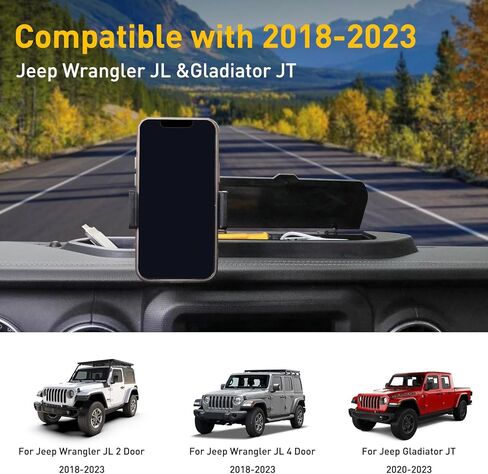 حامل تثبيت هاتف Dash متوافق مع 2018 2019 2020 2021 2022 2023 Jeep Wrangler JL 2/4 Door Gladiator JT، صندوق تخزين وحدة التحكم المركزية، صينية لوحة القيادة، ملحقات جيب مضادة للاهتزاز تدور 360 درجة in Kuwait