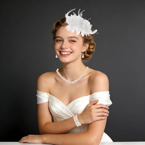 Heliltd Vintage Tea Party Fascinator for Women, Pearl Necklace Bracelet Bangle Earrings Gloves Fascinator Headband for Church in Saudi Arabia