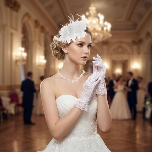 Heliltd Vintage Tea Party Fascinator for Women, Pearl Necklace Bracelet Bangle Earrings Gloves Fascinator Headband for Church in Saudi Arabia