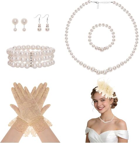 Heliltd Vintage Tea Party Fascinator for Women, Pearl Necklace Bracelet Bangle Earrings Gloves Fascinator Headband for Church in Saudi Arabia
