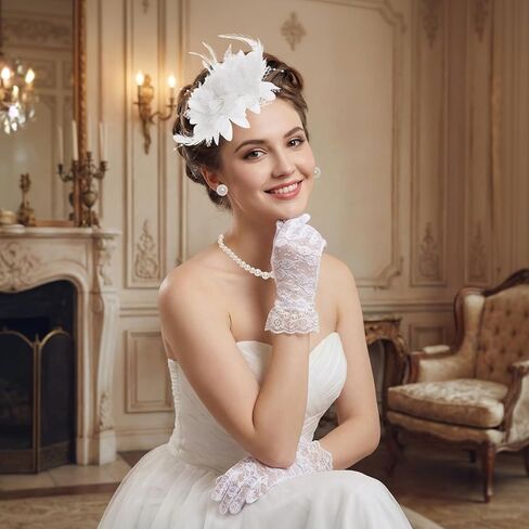 Heliltd Vintage Tea Party Fascinator for Women, Pearl Necklace Bracelet Bangle Earrings Gloves Fascinator Headband for Church in Saudi Arabia