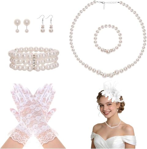 Heliltd Vintage Tea Party Fascinator for Women, Pearl Necklace Bracelet Bangle Earrings Gloves Fascinator Headband for Church in Saudi Arabia