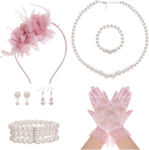 Heliltd Vintage Tea Party Fascinator for Women, Pearl Necklace Bracelet Bangle Earrings Gloves Fascinator Headband for Church in Saudi Arabia