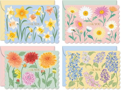 S&O Floral Thank You Cards with Envelopes – 36 Blank Cards – 4 Assorted Sunlit Meadows Designs with Gold Foil – 3.5x5" Pastel Thank You Note Cards – Pink, Green, Yellow & Blue Envelopes in Saudi Arabia