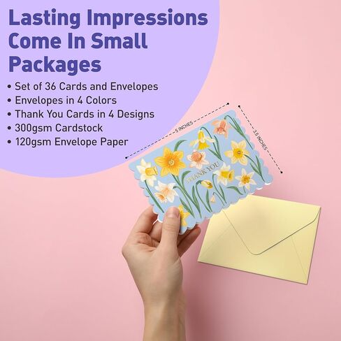 S&O Floral Thank You Cards with Envelopes – 36 Blank Cards – 4 Assorted Sunlit Meadows Designs with Gold Foil – 3.5x5" Pastel Thank You Note Cards – Pink, Green, Yellow & Blue Envelopes in Saudi Arabia
