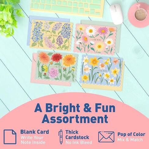 S&O Floral Thank You Cards with Envelopes – 36 Blank Cards – 4 Assorted Sunlit Meadows Designs with Gold Foil – 3.5x5" Pastel Thank You Note Cards – Pink, Green, Yellow & Blue Envelopes in Saudi Arabia