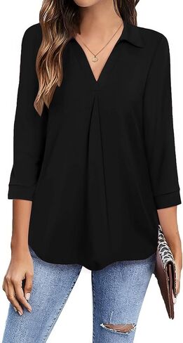Newchoice Womens Collared V Neck 3/4 Sleeve Shirts Business Casual Tops Loose Work Blouses (M-3XL) in Saudi Arabia
