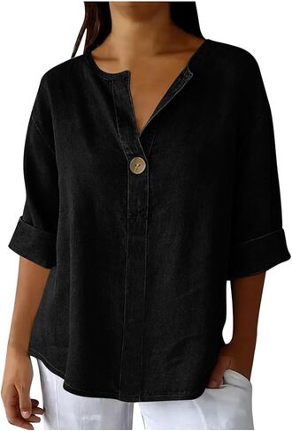 Denim Shirt Women Half Sleeve Denim Tops for Women Button Down V Neck Roll-Up Sleeve Blouses Casual Loose Fit Outfits in Saudi Arabia