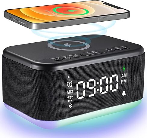 Alarm Clock Speaker Wireless Charger, Digital Alarm Clocks Bedrooms Bluetooth, Alarm Clock Dimmable Light Bedrooms Bluetooth Speaker Dual Alarm Snooze 12/24H Dimmer Support USB AUX, Black in Saudi Arabia