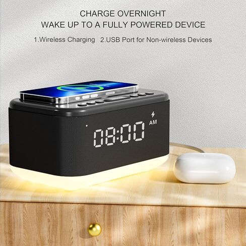 Alarm Clock Speaker Wireless Charger, Digital Alarm Clocks Bedrooms Bluetooth, Alarm Clock Dimmable Light Bedrooms Bluetooth Speaker Dual Alarm Snooze 12/24H Dimmer Support USB AUX, Black in Saudi Arabia