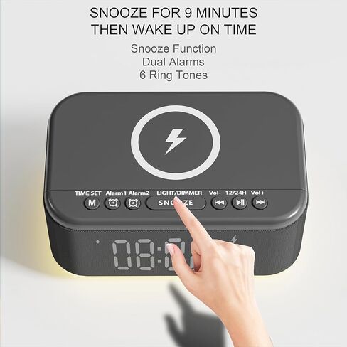 Alarm Clock Speaker Wireless Charger, Digital Alarm Clocks Bedrooms Bluetooth, Alarm Clock Dimmable Light Bedrooms Bluetooth Speaker Dual Alarm Snooze 12/24H Dimmer Support USB AUX, Black in Saudi Arabia