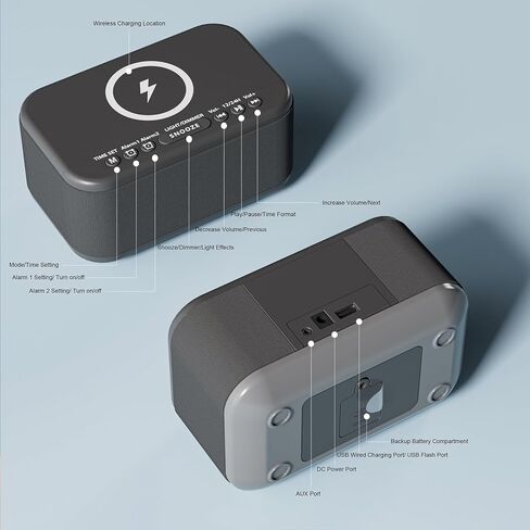 Alarm Clock Speaker Wireless Charger, Digital Alarm Clocks Bedrooms Bluetooth, Alarm Clock Dimmable Light Bedrooms Bluetooth Speaker Dual Alarm Snooze 12/24H Dimmer Support USB AUX, Black in Saudi Arabia