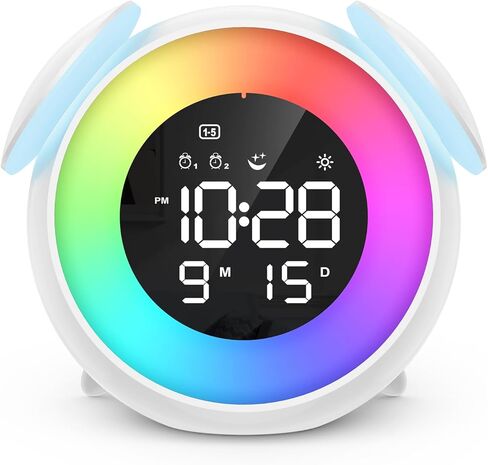 ساعة منبه للأطفال، ساعة تدريب على النوم للأطفال الصغار، مناسبة لإيقاظ ساعة منبه مع ضوء ليلي بـ 9 ألوان، 7 أصوات مهدئة، منبه مزدوج، هدية عيد ميلاد للأولاد والبنات والأطفال in Kuwait