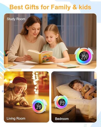 ساعة منبه للأطفال، ساعة تدريب على النوم للأطفال الصغار، مناسبة لإيقاظ ساعة منبه مع ضوء ليلي بـ 9 ألوان، 7 أصوات مهدئة، منبه مزدوج، هدية عيد ميلاد للأولاد والبنات والأطفال in Kuwait