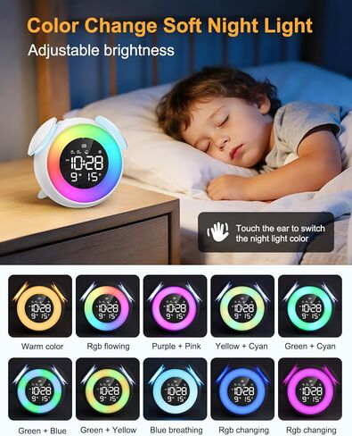 ساعة منبه للأطفال، ساعة تدريب على النوم للأطفال الصغار، مناسبة لإيقاظ ساعة منبه مع ضوء ليلي بـ 9 ألوان، 7 أصوات مهدئة، منبه مزدوج، هدية عيد ميلاد للأولاد والبنات والأطفال in Kuwait