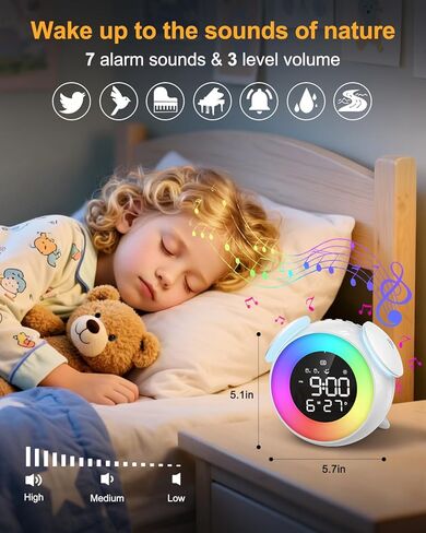 ساعة منبه للأطفال، ساعة تدريب على النوم للأطفال الصغار، مناسبة لإيقاظ ساعة منبه مع ضوء ليلي بـ 9 ألوان، 7 أصوات مهدئة، منبه مزدوج، هدية عيد ميلاد للأولاد والبنات والأطفال in Kuwait