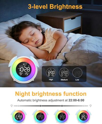 ساعة منبه للأطفال، ساعة تدريب على النوم للأطفال الصغار، مناسبة لإيقاظ ساعة منبه مع ضوء ليلي بـ 9 ألوان، 7 أصوات مهدئة، منبه مزدوج، هدية عيد ميلاد للأولاد والبنات والأطفال in Kuwait