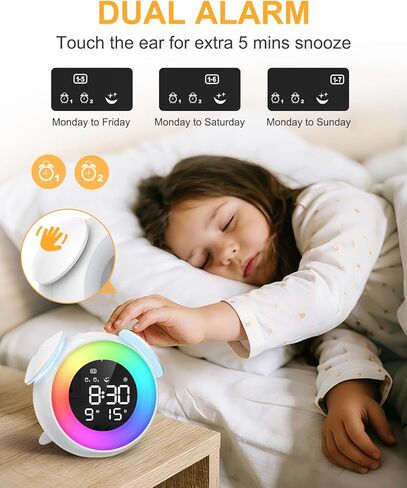ساعة منبه للأطفال، ساعة تدريب على النوم للأطفال الصغار، مناسبة لإيقاظ ساعة منبه مع ضوء ليلي بـ 9 ألوان، 7 أصوات مهدئة، منبه مزدوج، هدية عيد ميلاد للأولاد والبنات والأطفال in Kuwait