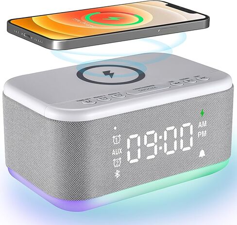 Alarm Clock Speaker Wireless Charger, Digital Alarm Clocks Bedrooms Bluetooth, Alarm Clock Dimmable Light Bedrooms Bluetooth Speaker Dual Alarm Snooze 12/24H Dimmer Support USB AUX, Black in Saudi Arabia