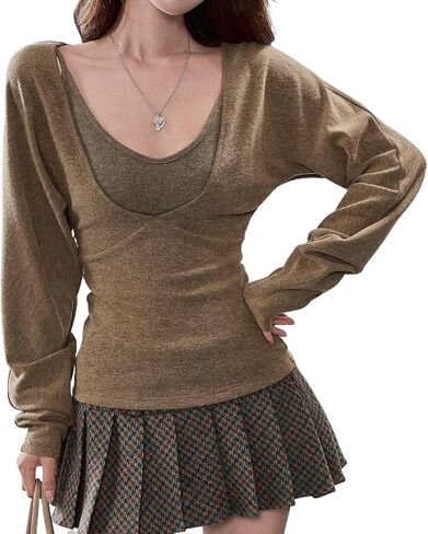 Womens Y2K Strap 2 Piece Sweatshirts Casual Knitted Long Sleeve Inner Tops Soft Slim Fit Layered Aesthetic Tee in Saudi Arabia