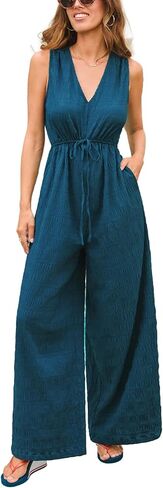 CUPSHE Women's Jumpsuit, Sleeveless V-Neck Front Tie Drawstring Wide Leg Casual Romper for Summer Beach Vacation in Saudi Arabia
