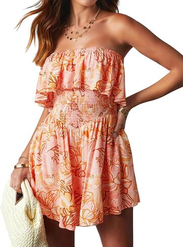 AIMCOO Women's Rompers Summer Strapless Floral Print Off Shoulder Boho Flowy Ruffle Hem Shorts Jumpsuit with Pocket in Kuwait