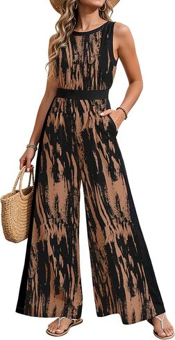 جمبسوت نسائي أنيق صيفي برقبة دائرية كاجوال بدون أكمام من قطعة واحدة مزين بالزهور وواسع الساق وطويل وجيوب رومبير in Kuwait