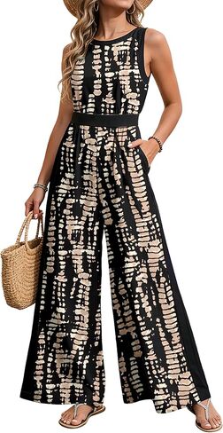 Women Jumpsuits Dressy Summer Round Neck Casual Sleeveless One Piece Outfit Floral Wide Leg Long Pant Romper Pockets in Saudi Arabia