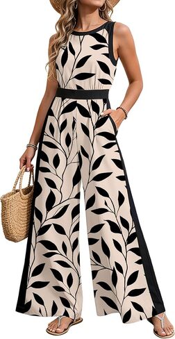 Women Jumpsuits Dressy Summer Round Neck Casual Sleeveless One Piece Outfit Floral Wide Leg Long Pant Romper Pockets in Saudi Arabia