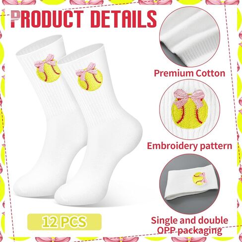 12 Pcs Softball Team Socks Gifts Bulk for Women, Pink Bow Softball Embroidered Socks Gifts Bulk for Women Girls Team Players Lovers Accessories in Kuwait