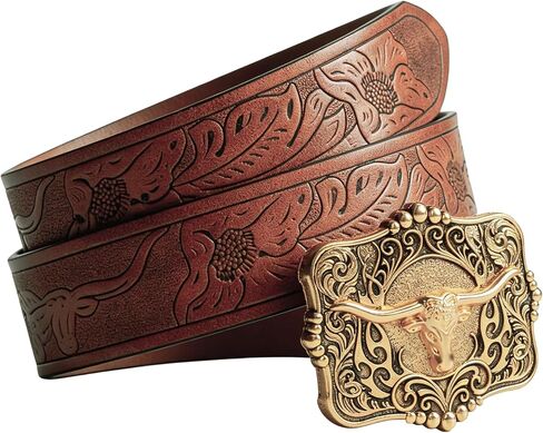 IZUS Western-Belts for Men Cowboy-Boy-Style Retro Cowgirl County Belt with 1.5"-wide Bull-Floral-PU-Strap Women Waist-Belts in Saudi Arabia