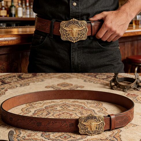 IZUS Western-Belts for Men Cowboy-Boy-Style Retro Cowgirl County Belt with 1.5"-wide Bull-Floral-PU-Strap Women Waist-Belts in Saudi Arabia
