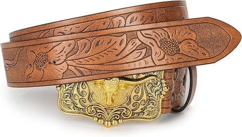 IZUS Western-Belts for Men Cowboy-Boy-Style Retro Cowgirl County Belt with 1.5"-wide Bull-Floral-PU-Strap Women Waist-Belts in Saudi Arabia