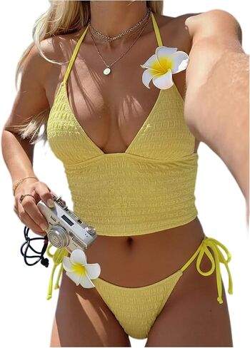 Verdusa Women's 2 Piece Boho Tankini Swimsuits Textured 3D Floral Halter Tops with Thong Beachwear in Saudi Arabia