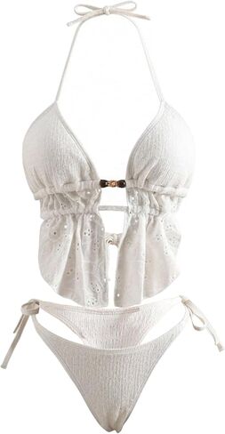 Verdusa Women's 2 Piece Eyelet Textured Halter Tankini Set Beaded Boho Vacation Outfits in Saudi Arabia