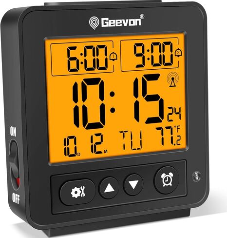 Geevon Small Atomic Travel Alarm Clock with Auto/8s Backlight, 2 Alarm Settings, Temperature, Increasing Beep Sounds Digital Atomic Travel Clock Battery Operated for Bedroom, Bedside, Black in Saudi Arabia