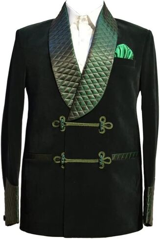 Men’s Green Velvet Smoking Jacket with Quilted Shawl Collar & Frog Closure – Luxury Vintage Lounge Robe in Saudi Arabia