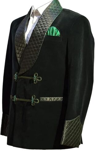 Men’s Green Velvet Smoking Jacket with Quilted Shawl Collar & Frog Closure – Luxury Vintage Lounge Robe in Saudi Arabia