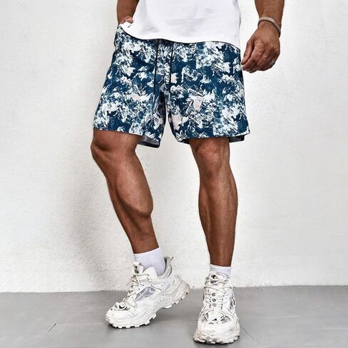 Men's Casual Shorts - Breathable Athletic Fit Short Pants with Abstract Graphic Print and Adjustable Drawstring - Blue in Saudi Arabia