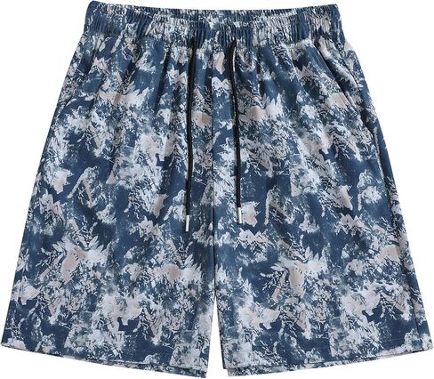Men's Casual Shorts - Breathable Athletic Fit Short Pants with Abstract Graphic Print and Adjustable Drawstring - Blue in Saudi Arabia
