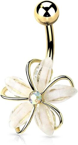 Pierced Owl - 14GA Stainless Steel CZ Crystal Centered Wire Set White Flower Belly Button Ring in Kuwait